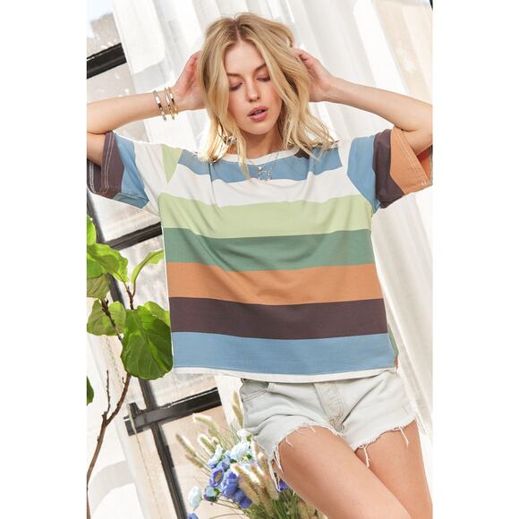 ADORA Multi Color Stripe Print Short Sleeves Round Neck Casual Top | Sage/Olive - Picture 6 of 6